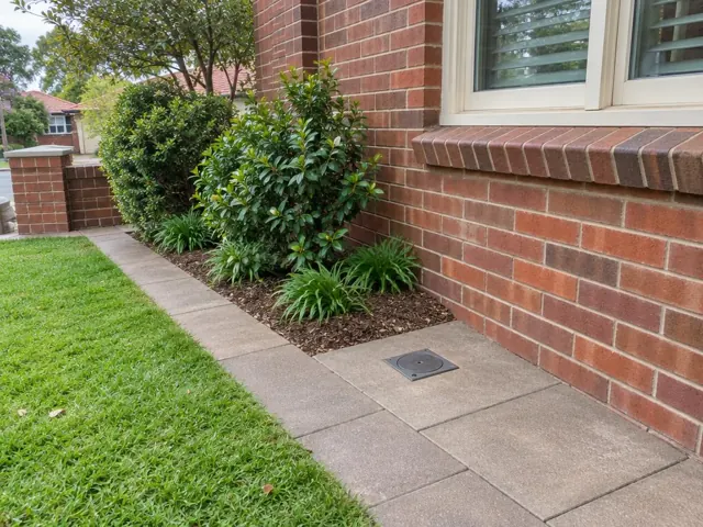 Brick house exterior with a flush capped access point in paved path beside garden beds in Thornleigh